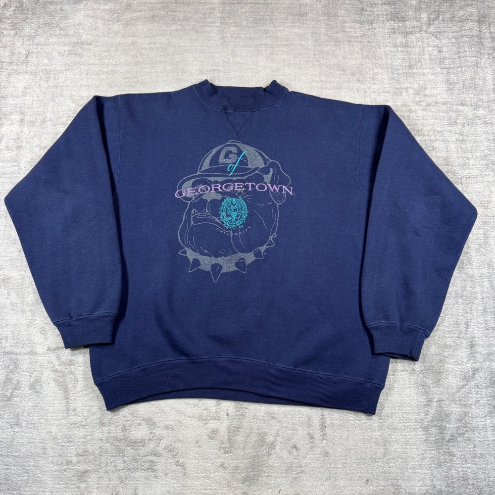 University Of Georgetown Hoyas Sweatshirt Mens XL Navy Blue Vtg Mascot Crewneck